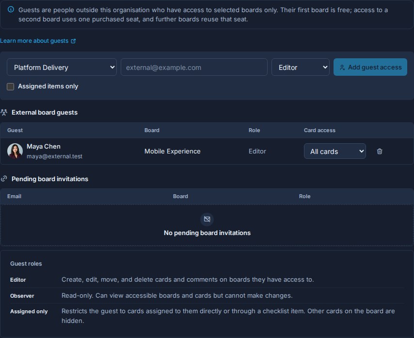 Kanera workspace guest settings listing an external board guest with an Editor role and the guest role reference