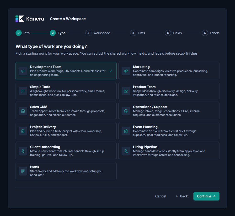 Kanera workspace setup asking what type of work you are doing, with Development Team selected among starting workflows including Marketing, Sales CRM, Client Onboarding, and Hiring Pipeline