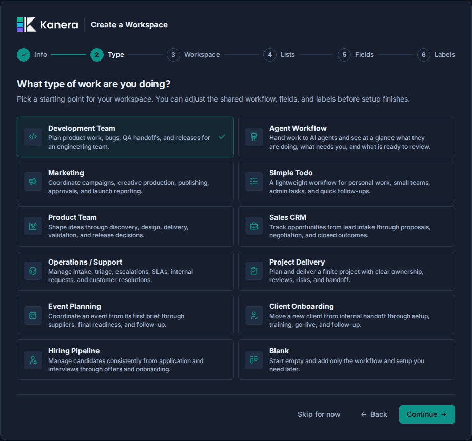 Kanera workspace setup asking what type of work you are doing, with Development Team selected among starting workflows including Agent Workflow, Marketing, Sales CRM, Client Onboarding, and Hiring Pipeline