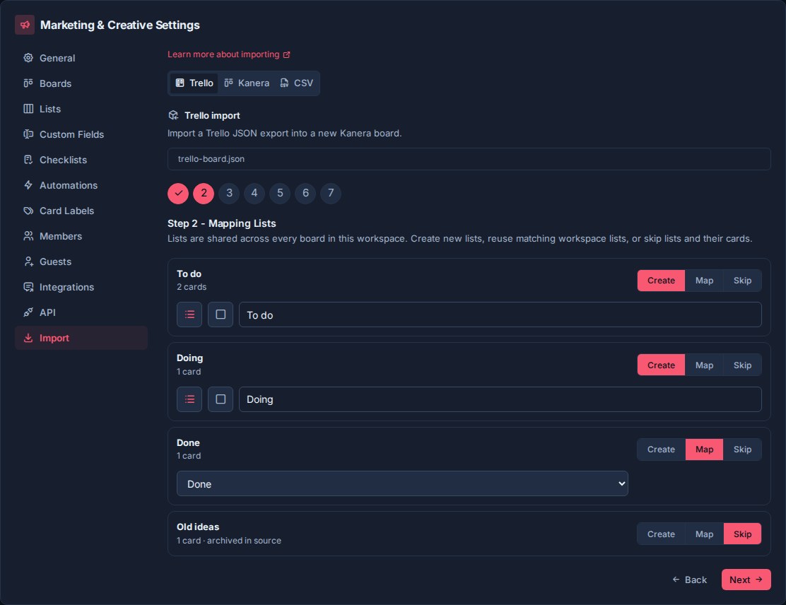 Kanera Trello import list mapping step, with create, map, and skip chosen per Trello list