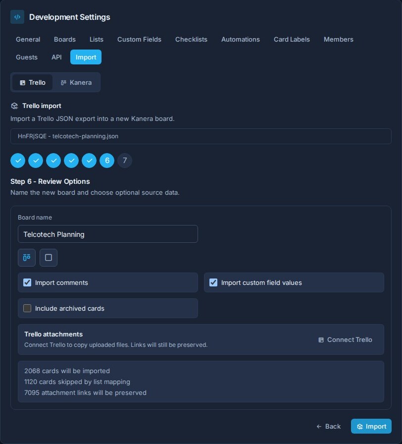 Kanera Trello import review panel showing board settings, attachment connection, and the import summary
