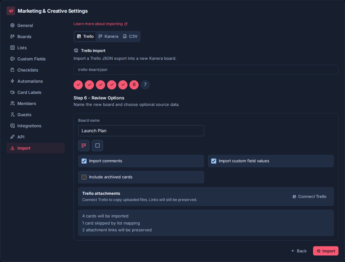 Kanera Trello import review panel showing board settings, attachment connection, and the import summary