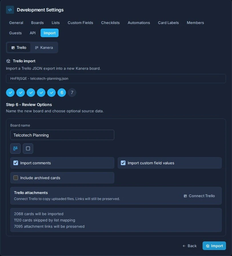 Kanera Trello import review panel showing board settings, attachment connection, and the import summary