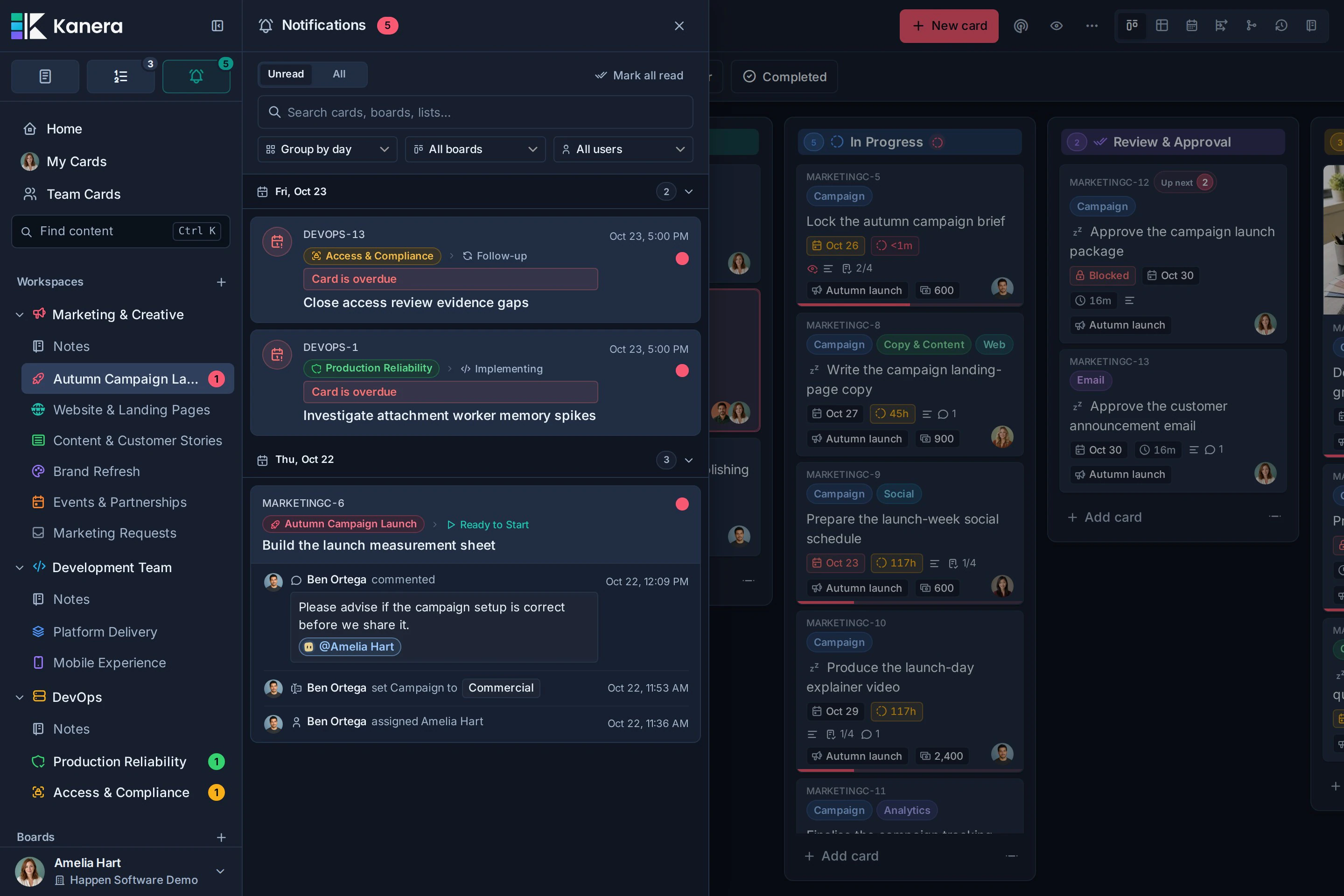 Kanera notification drawer showing mentions, assignments, and workspace filters