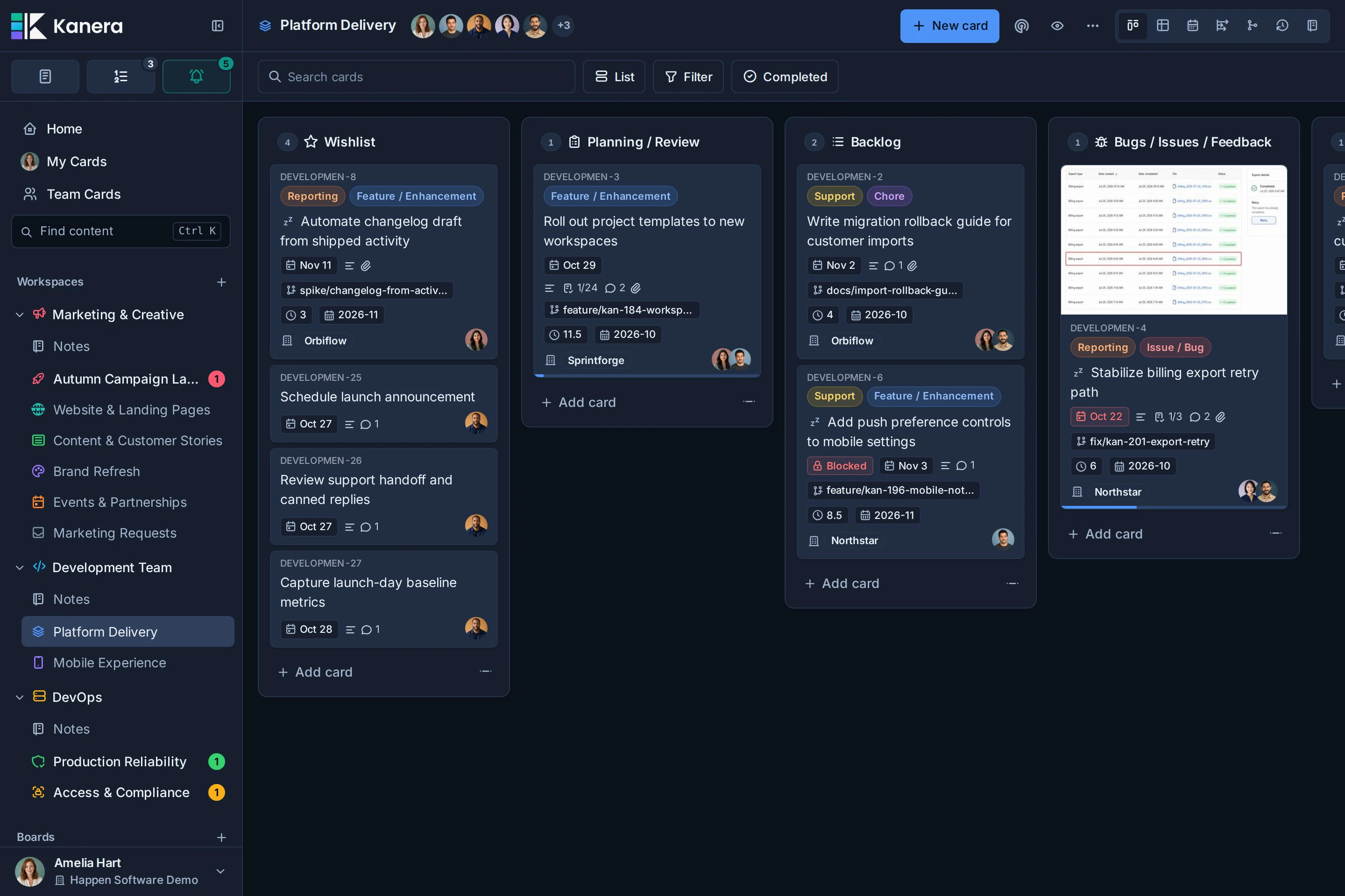 Kanera Platform Delivery Board mit Karten, die in gemeinsamen Listen und benutzerdefinierten Etiketten organisiert sind