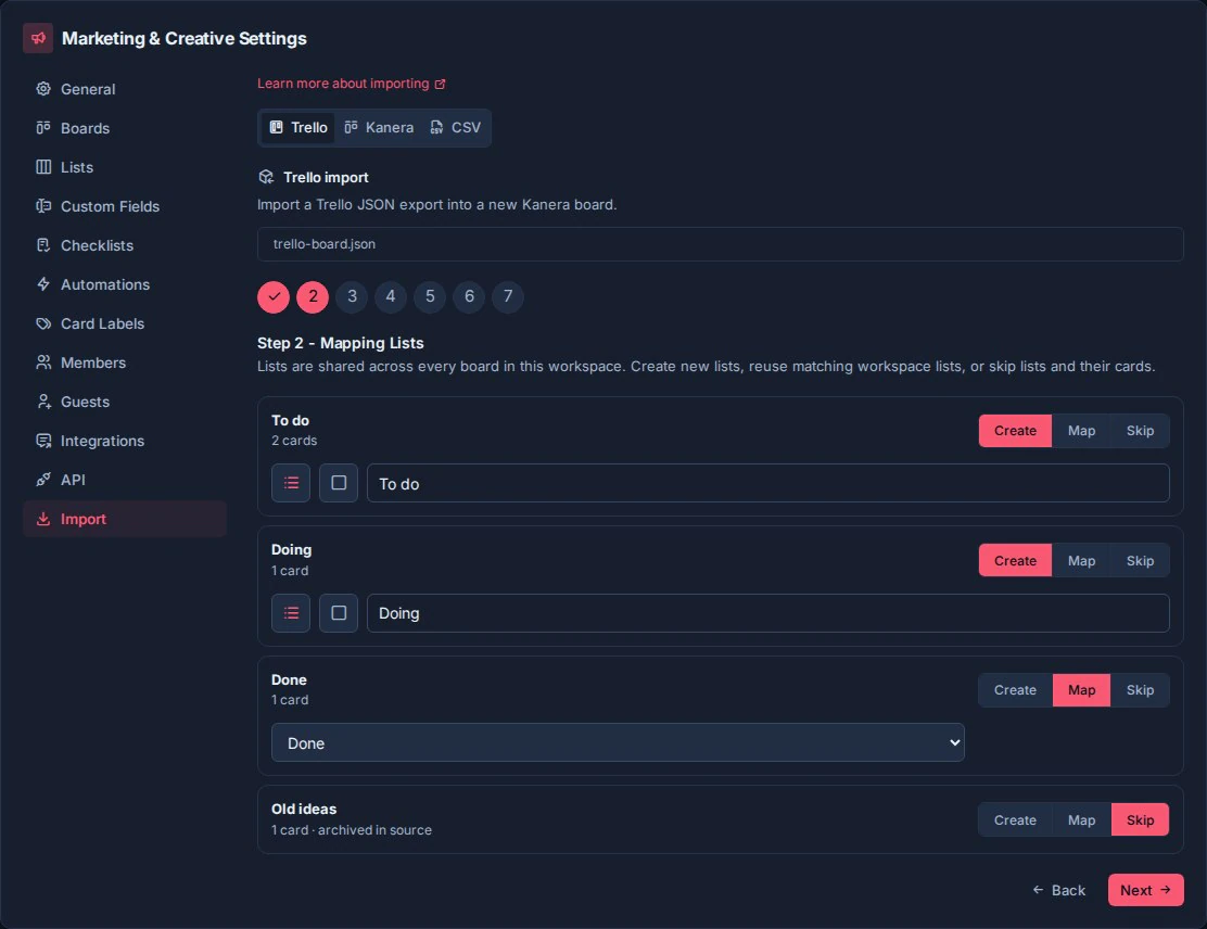 Paso de mapeo de lista de importación de Kanera Trello, con creación, mapeo y omisión elegidos por lista de Trello