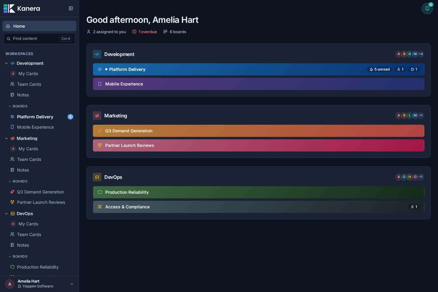 Kanera home page showing Amelia Hart workspace boards