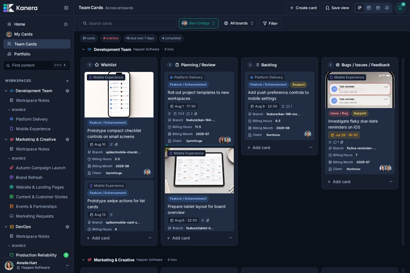 Kanera Team Cards focused on Ben Ortega with assigned cards grouped by workspace and workflow