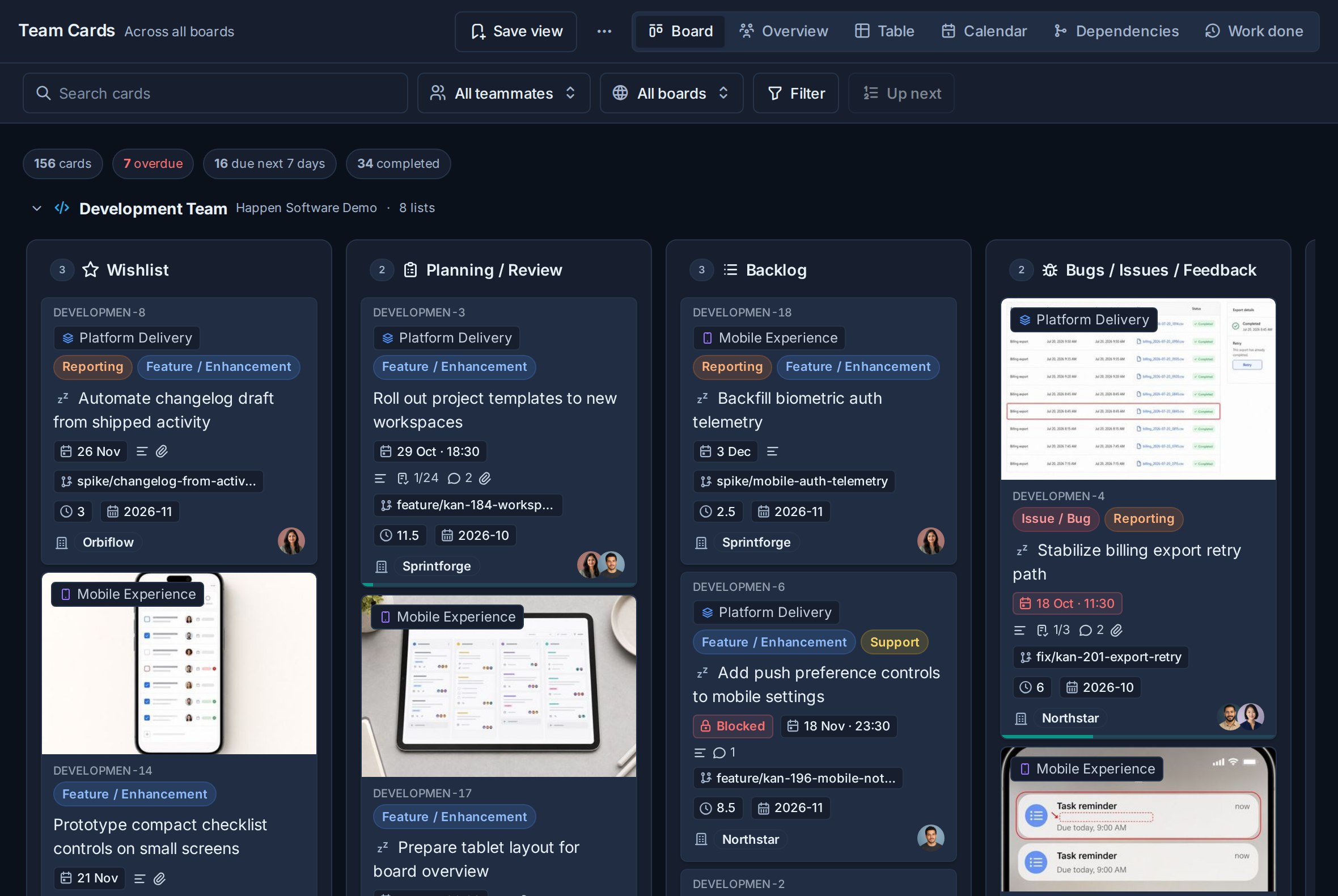 Kanera Team Cards focused on Ben Ortega with assigned cards grouped by workspace and workflow