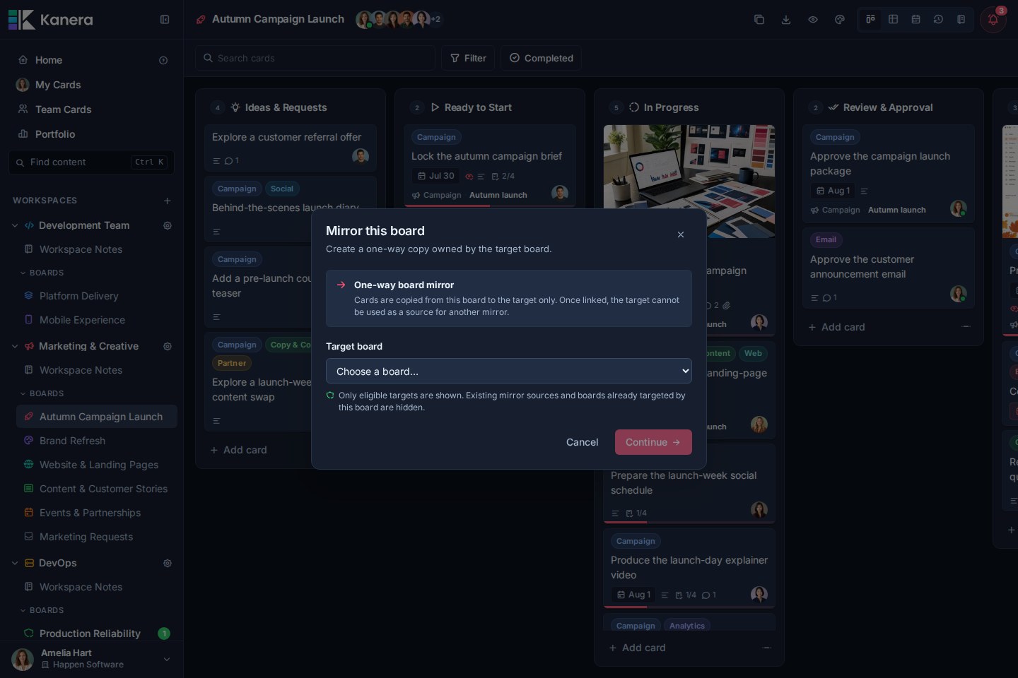Board mirror management shows an active outbound relationship from Launch Checklist to Platform Delivery with To do mapped to Wishlist.