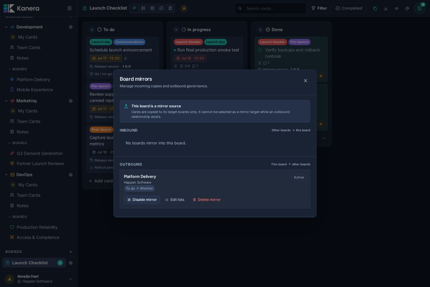 Board mirror management shows an active outbound relationship from Launch Checklist to Platform Delivery with To do mapped to Wishlist.