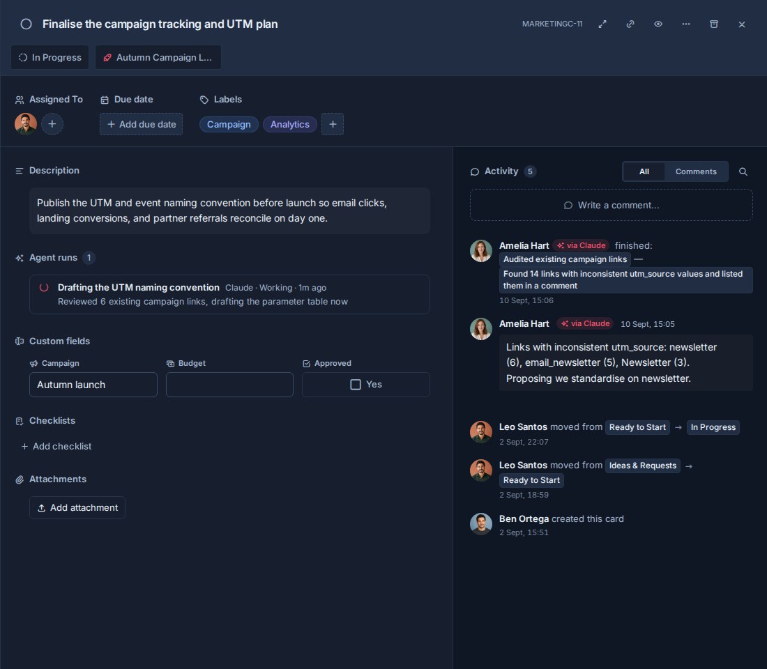 Kanera card detail with an Agent runs section directly under the description showing one live run by Claude, beside an activity feed where a finished run and a comment are badged "via Claude".