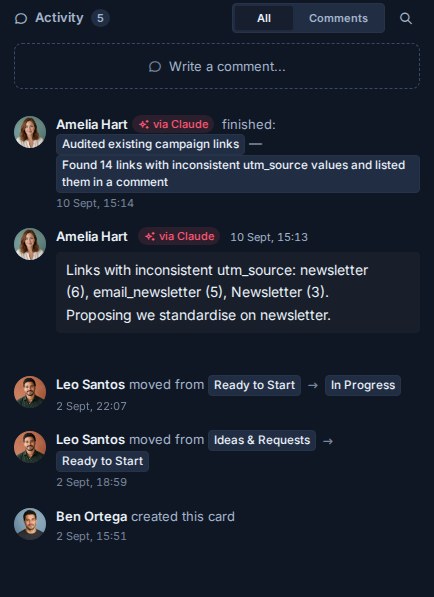 A Kanera card activity feed where a comment and three agent-run events by Amelia Hart each carry a "via Claude" badge.