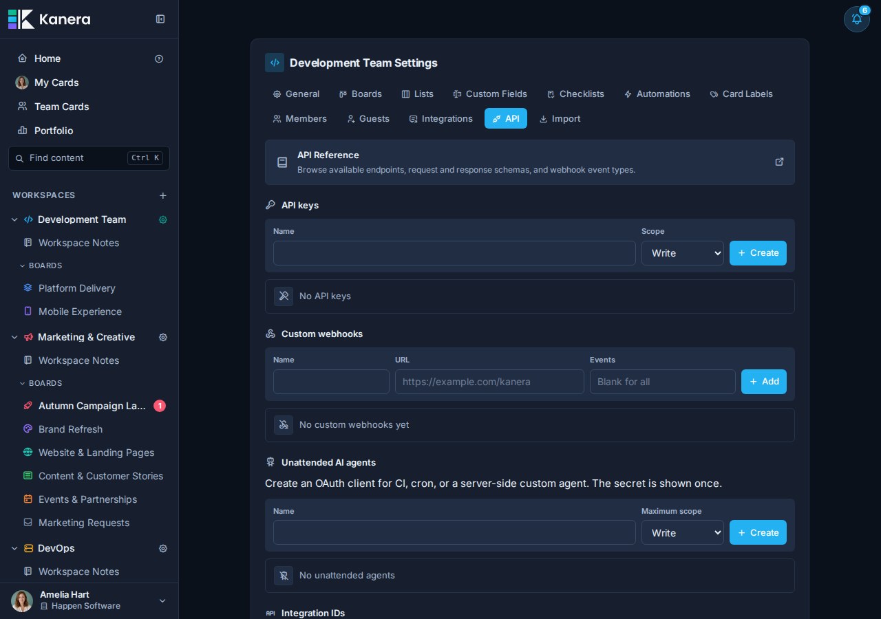 Workspace API settings for API keys and webhooks.