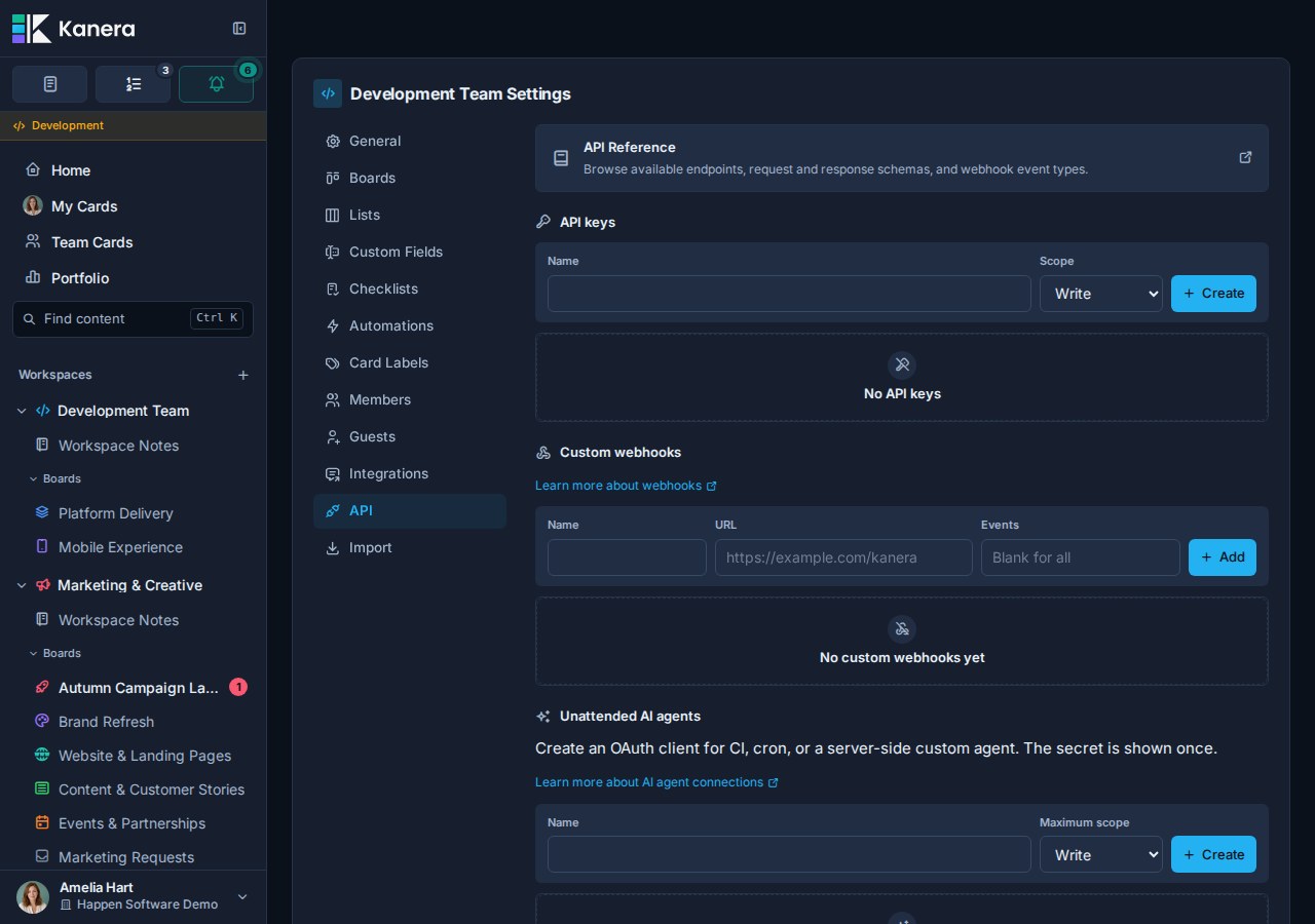 Workspace API settings where scoped keys and unattended agents are managed.