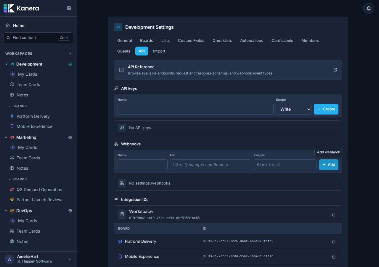 Workspace API settings showing webhook configuration.