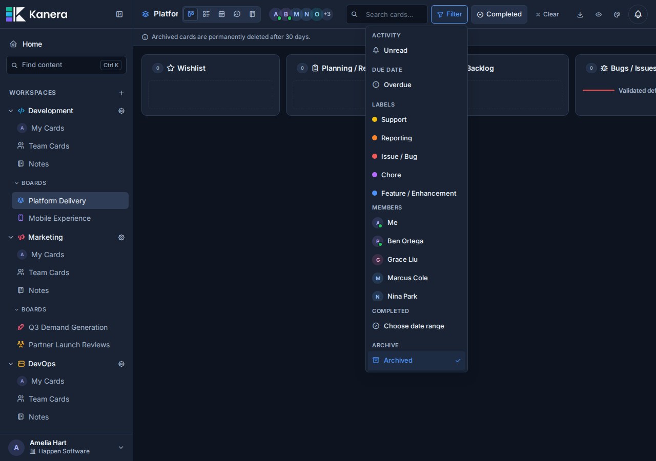 The board filter menu with the Archived filter available.