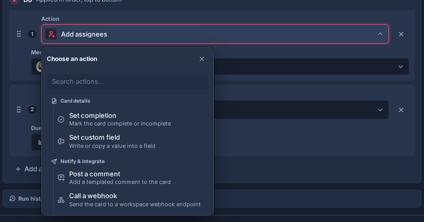 The automation action picker showing Card details and Notify and integrate groups, including Post a comment and Call a webhook.