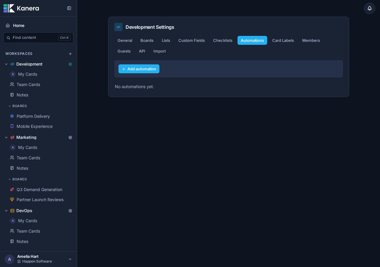 Workspace automation settings in Kanera.