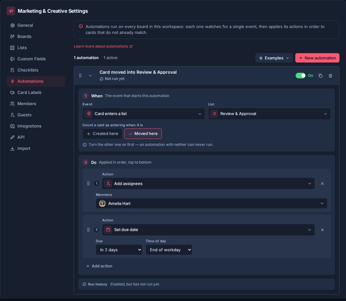 The enabled Marketing and Creative automation expanded to show its Review and Approval trigger, assignee action, due-date action, and run history.