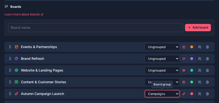 Autumn Campaign Launch assigned to the Campaigns group from the Boards settings group selector.