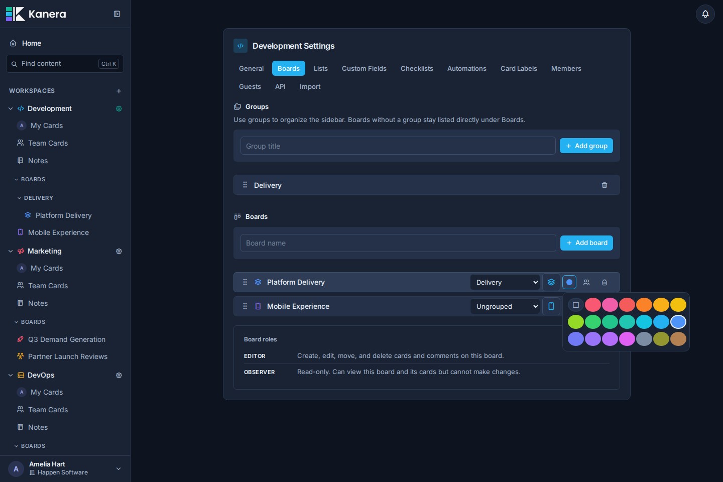 The board color picker open from a board row in Workspace settings.