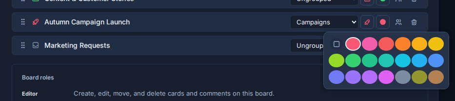 The board color picker open from a board row in Workspace settings.