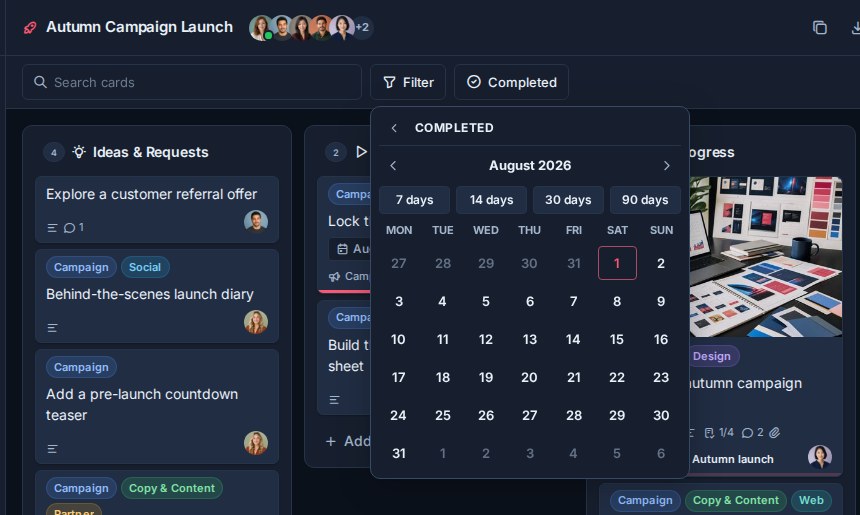 The board Filter menu with the Completed date range picker open.