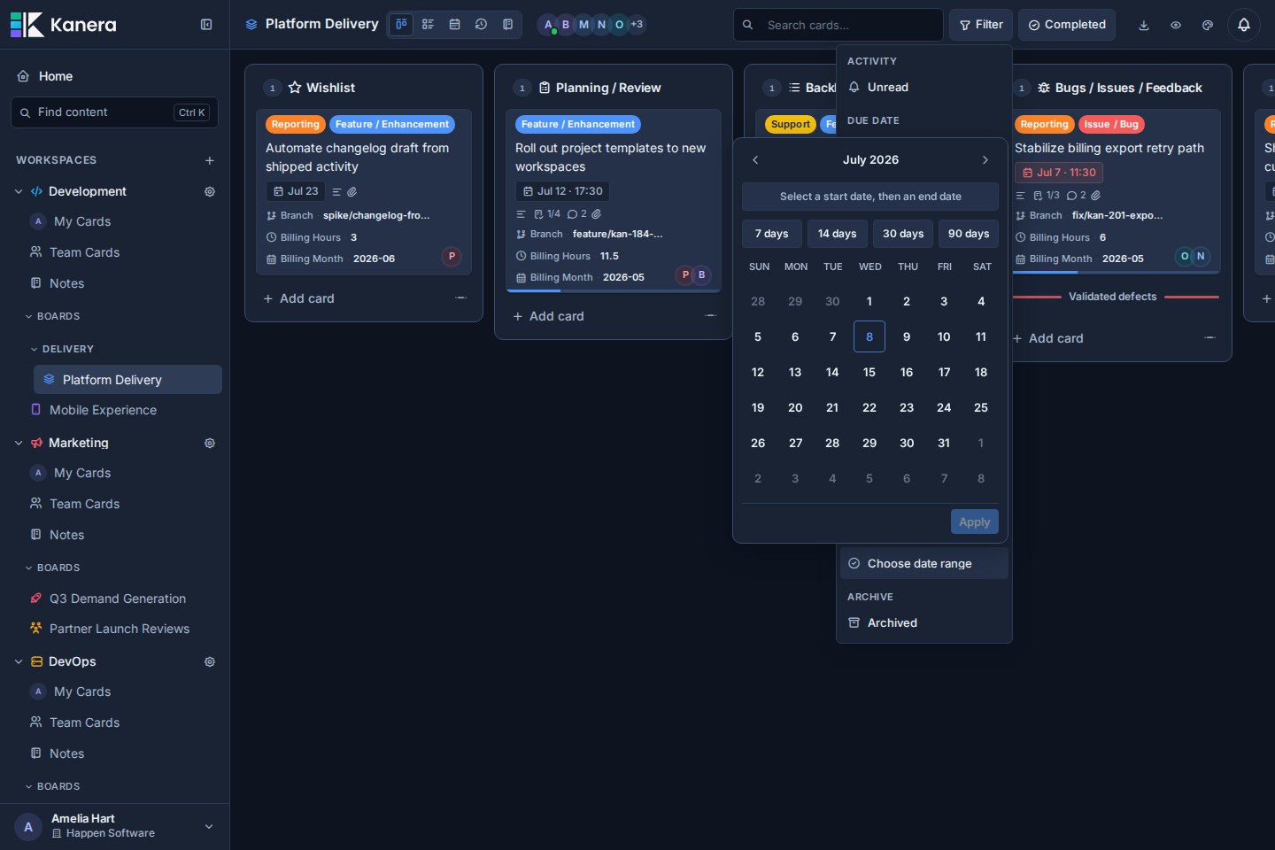 The board Filter menu with the Completed date range picker open.