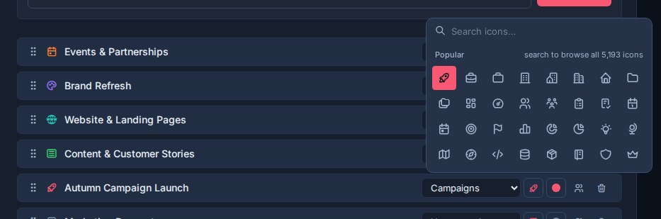 The board icon picker open from a board row in Workspace settings.