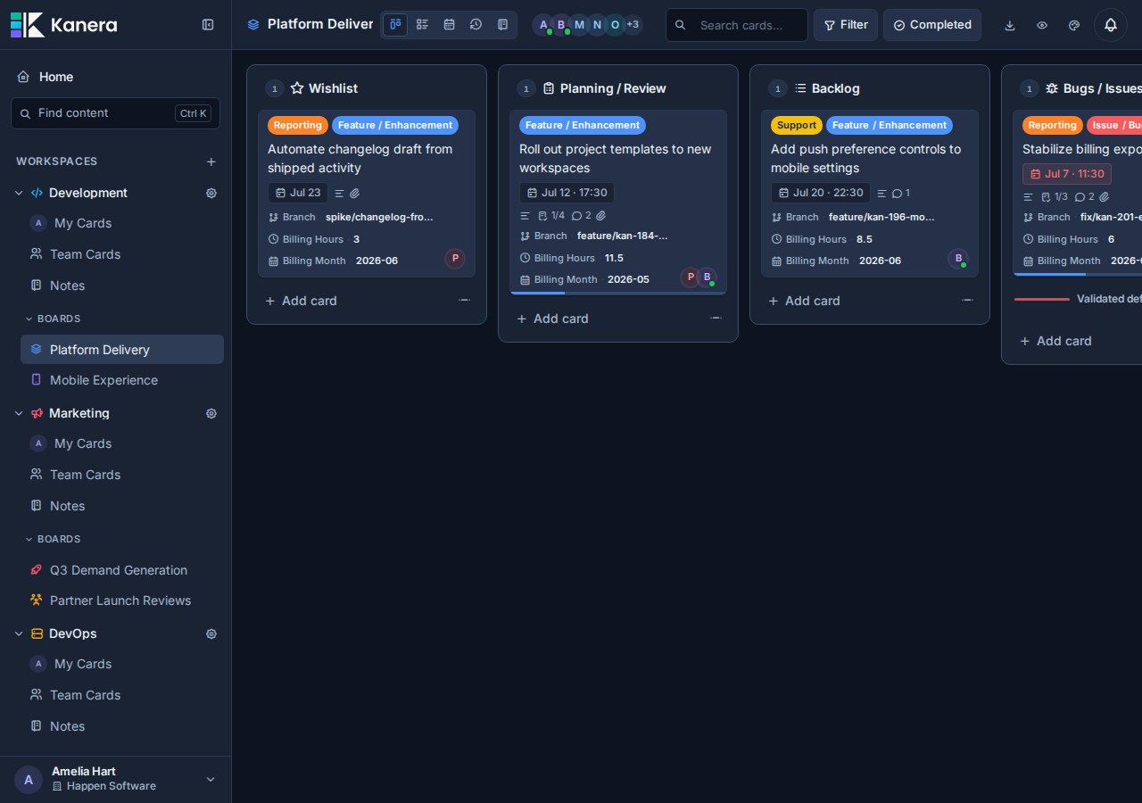 A Kanera board in the web app after deployment.