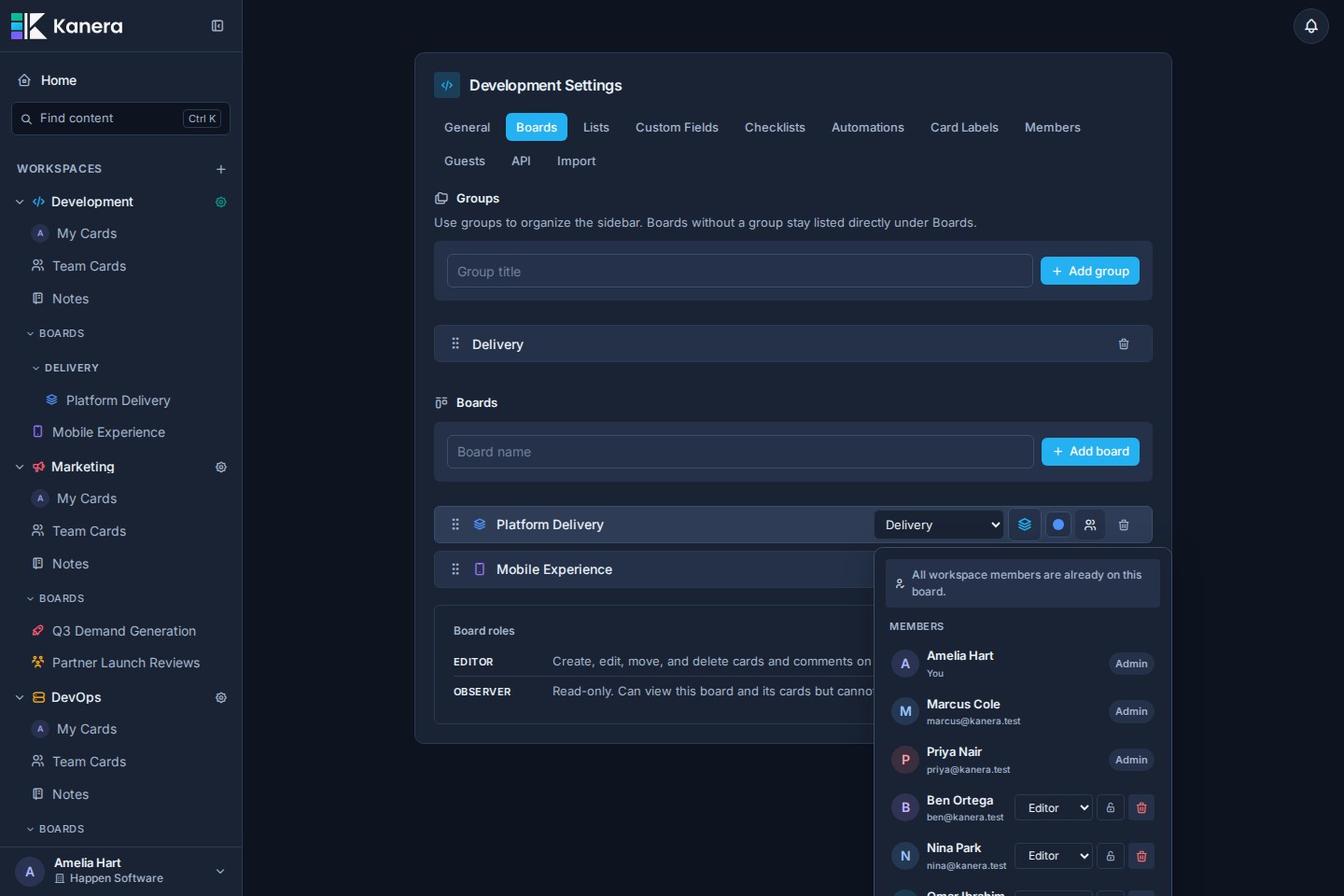 Board role controls opened from Workspace settings Boards.