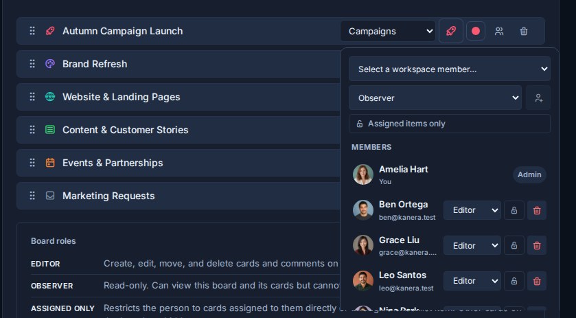 Board role controls opened from Workspace settings Boards.