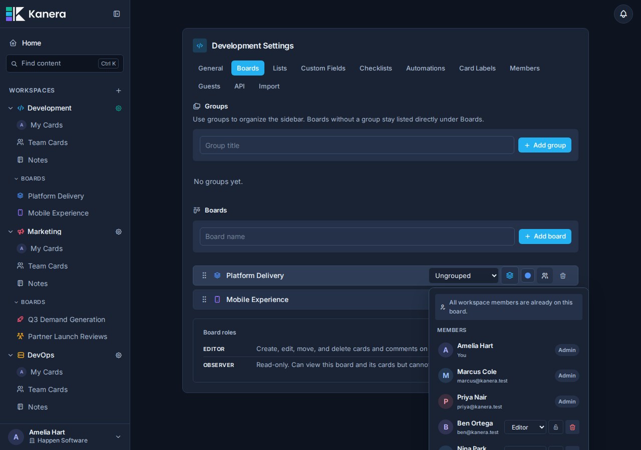 Workspace board settings with board groups, board rows, and access controls.