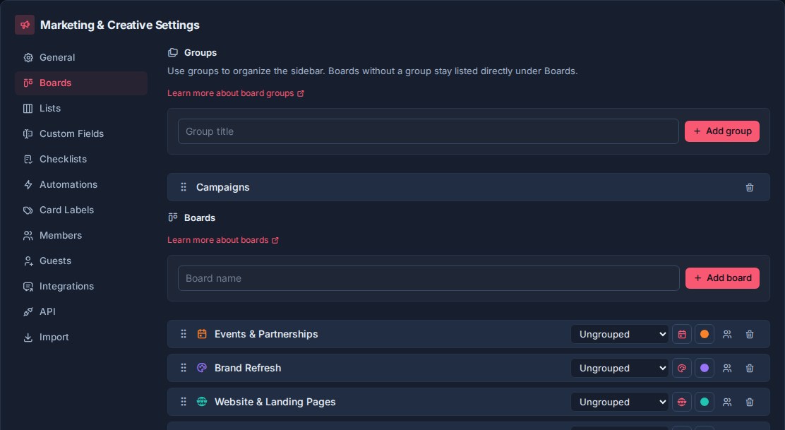 Workspace board settings with board groups, board rows, and access controls.