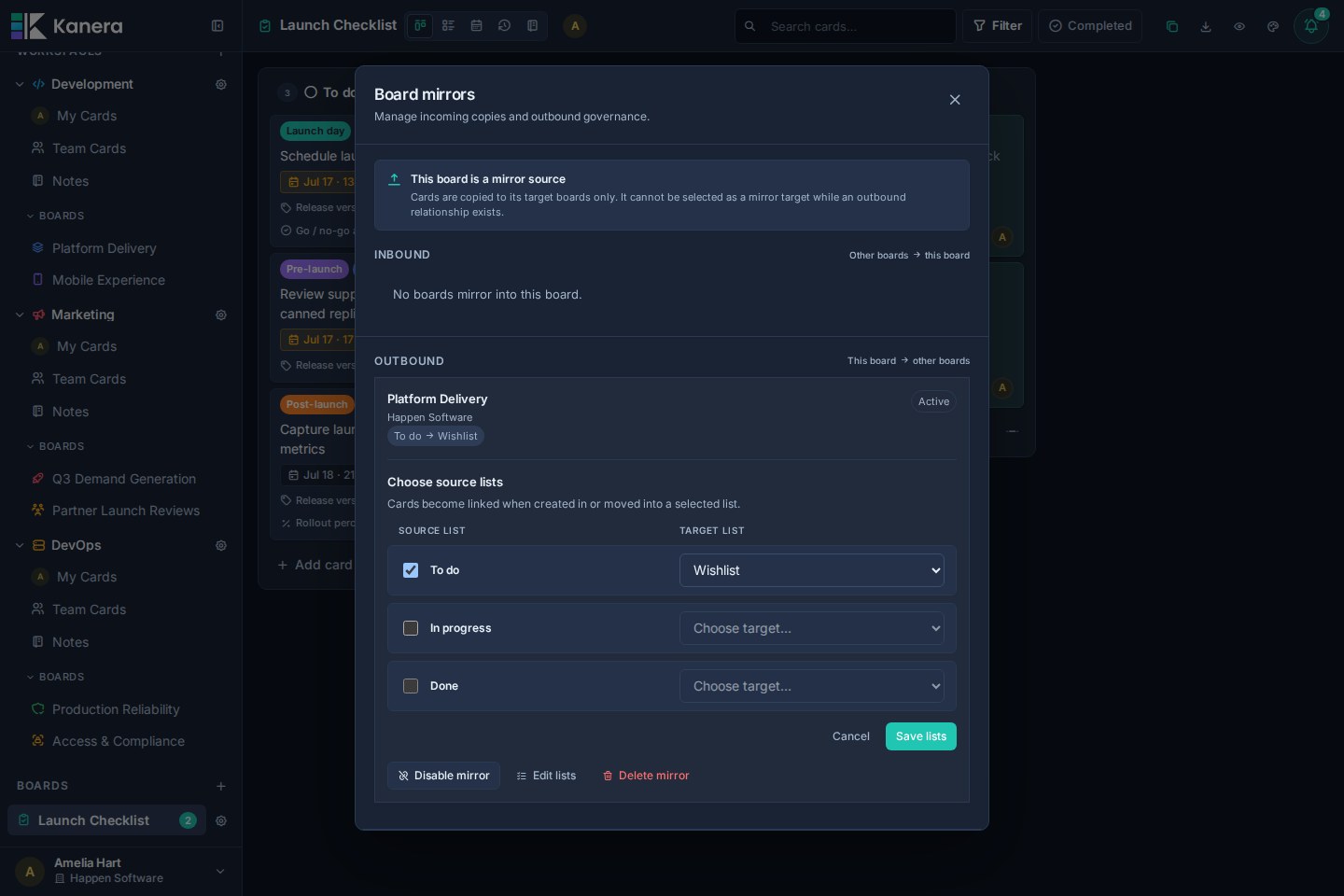 The board mirror list editor maps the To do source list on Launch Checklist to Wishlist on Platform Delivery.