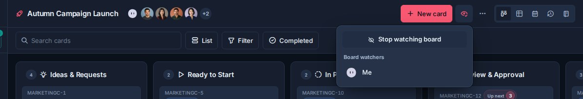 The board watcher button and popover in the Kanera board header.