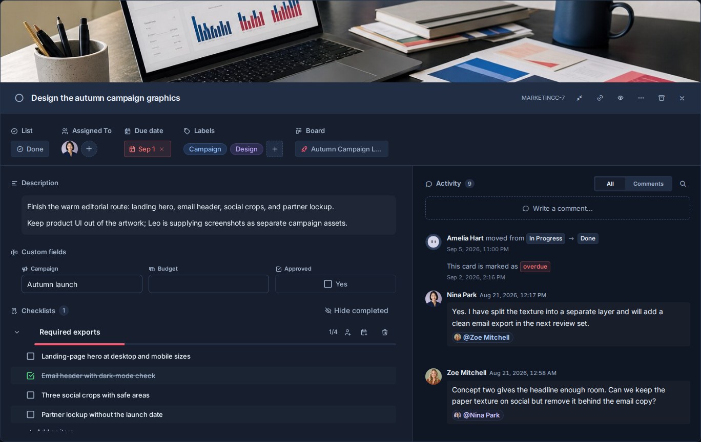 A full-screen Kanera card detail with the list, assignee, due date, labels, and board at the top, then the description, custom fields, a Required exports checklist at one of four items, and an activity feed with comments.