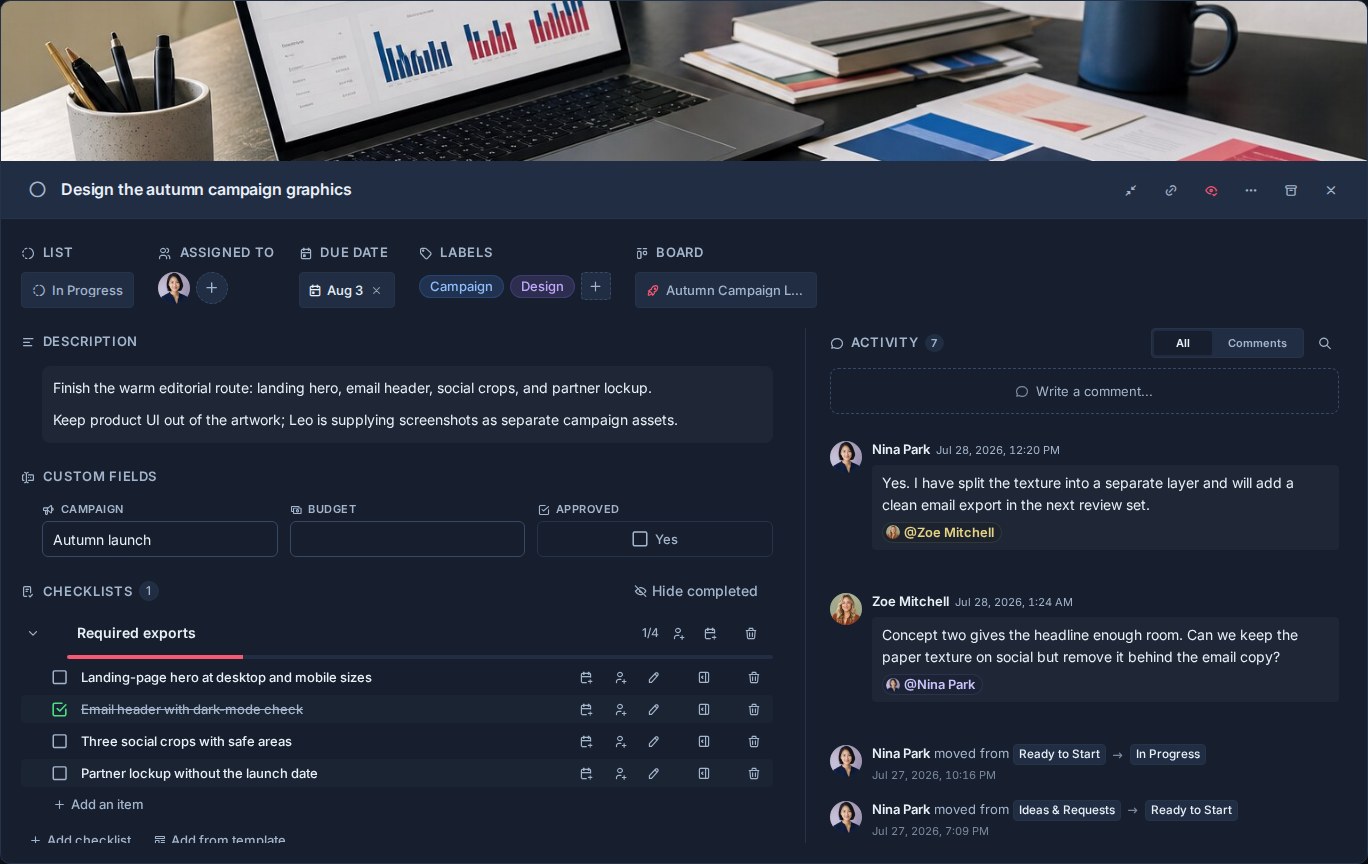 A full-screen Kanera card detail with assignments, dates, labels, description, custom fields, checklists, and activity.