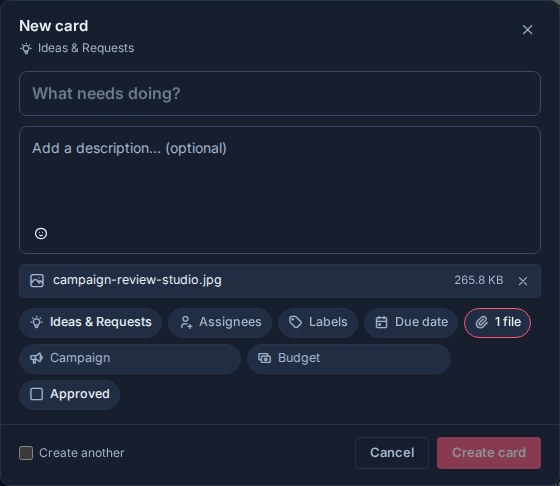 The quick-capture composer with campaign-review-studio.jpg staged as an attachment before card creation.