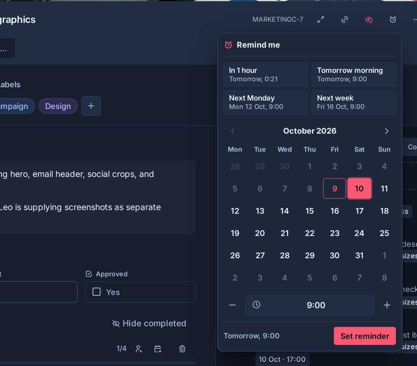 The Kanera reminder picker open from a card's alarm button, with In 1 hour, Tomorrow morning, Next Monday, and Next week quick picks, a month calendar, a time field with minus and plus buttons, and a Set reminder button.