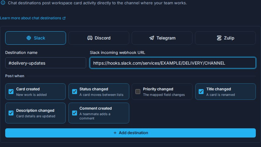 The Slack chat destination form with provider choices, connection fields, six selectable card events, and the Add destination action.
