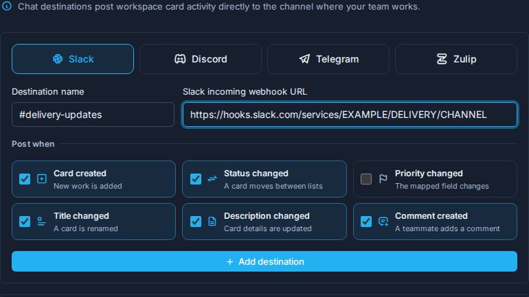 The Slack chat destination form with provider choices, connection fields, six selectable card events, and the Add destination action.