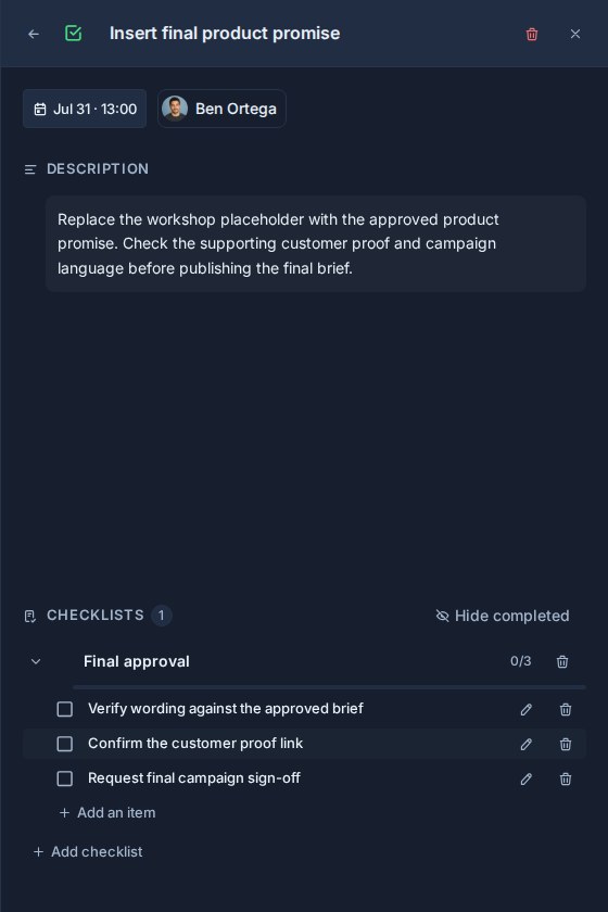 A checklist-item detail panel with controls for assignment, due date, description, and nested checklists.