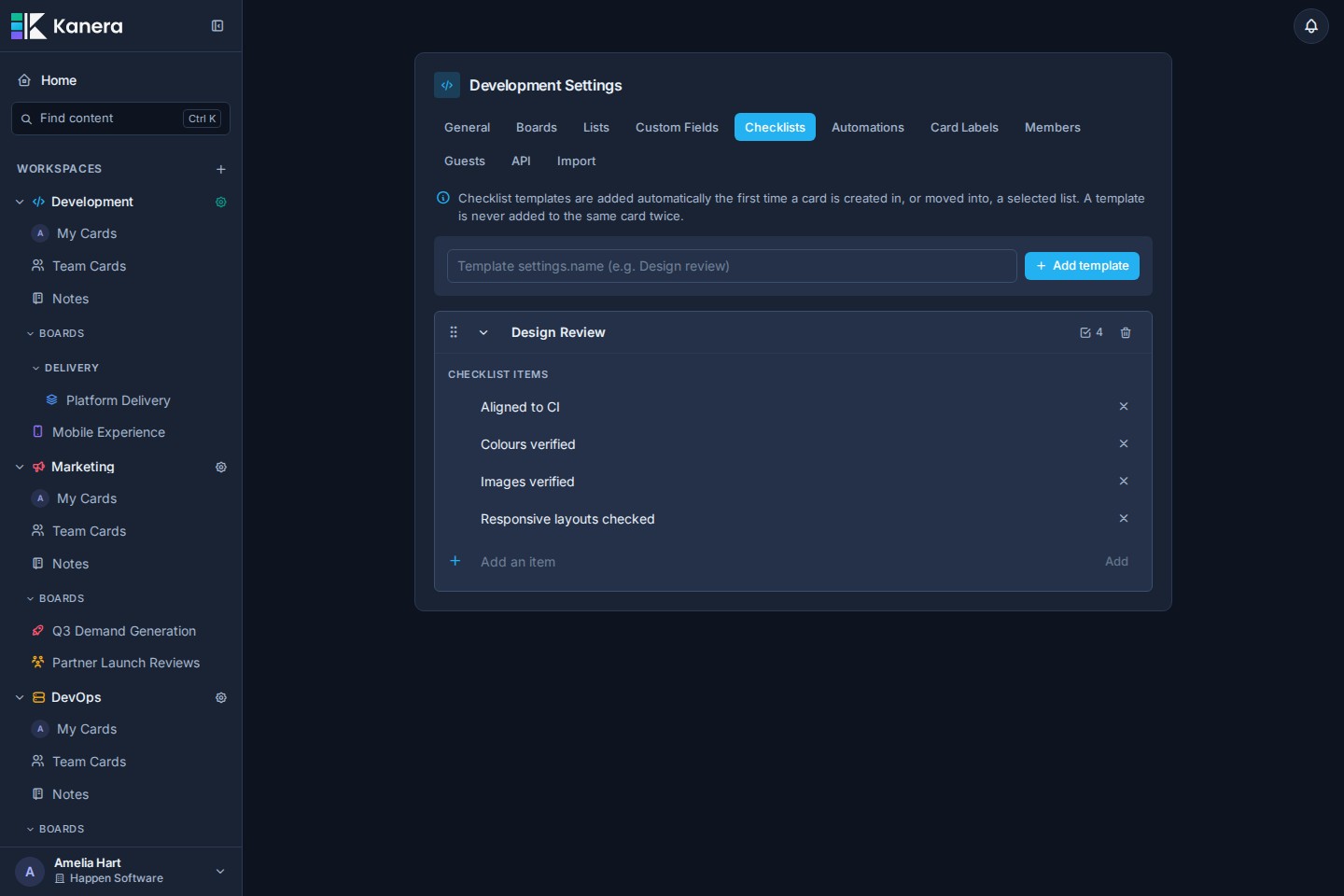 The Design Review checklist template expanded in Workspace settings with its checklist items.