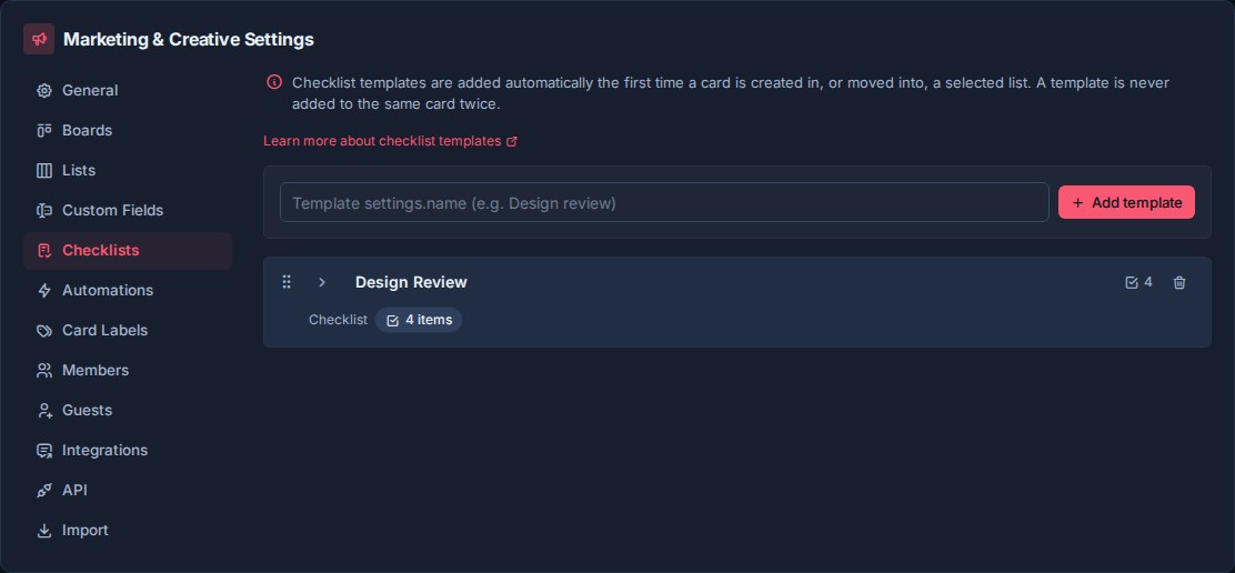 Workspace checklist template settings in Kanera.