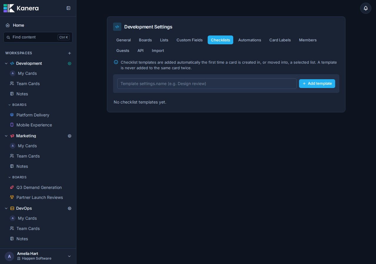 Workspace checklist template settings in Kanera.