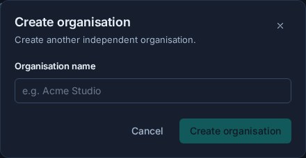 The dark-mode Create organisation dialog opened from Amelia Hart's user menu, with an Organisation name field.