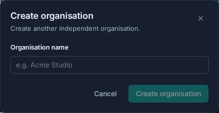 The dark-mode Create organisation dialog opened from Amelia Hart's user menu, with an Organisation name field.