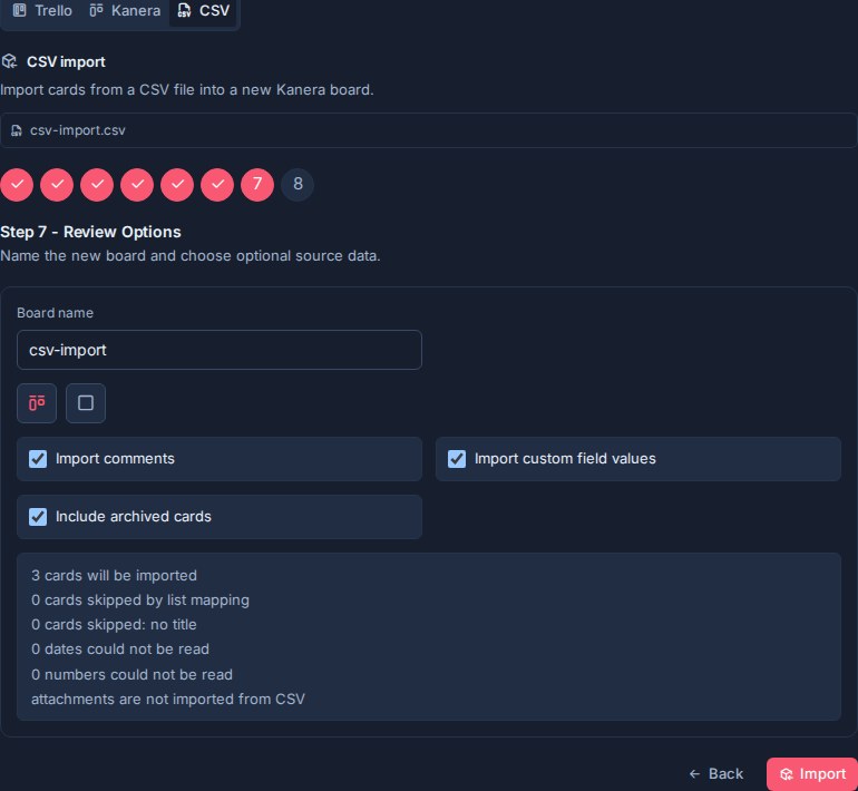 The final CSV import review in Kanera, showing the new board settings and rows that will be imported or skipped.